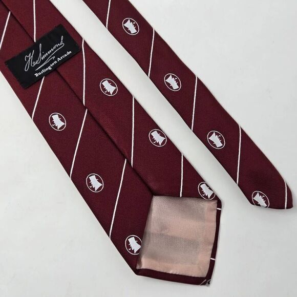H SIMMONS BURLINGTON ARCADE SILK TIE BURGUNDY WHITE STRIPE PIPE LOGO 4" X 56" - Picture 2 of 3